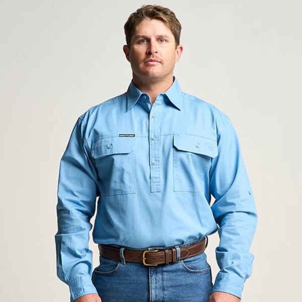 KILCOY | Mens Half Button Long Sleeve Work Shirt - Sky Blue Thumbnail